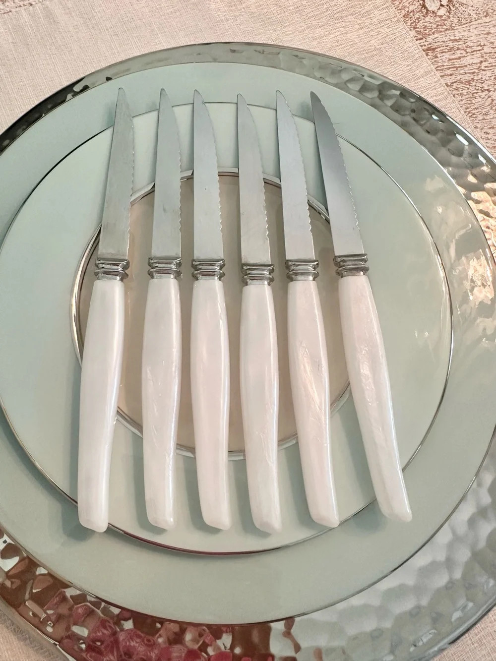 Elegant, Vintage Set of 6 White (Faux) Pearl Handle Steak Knives from England